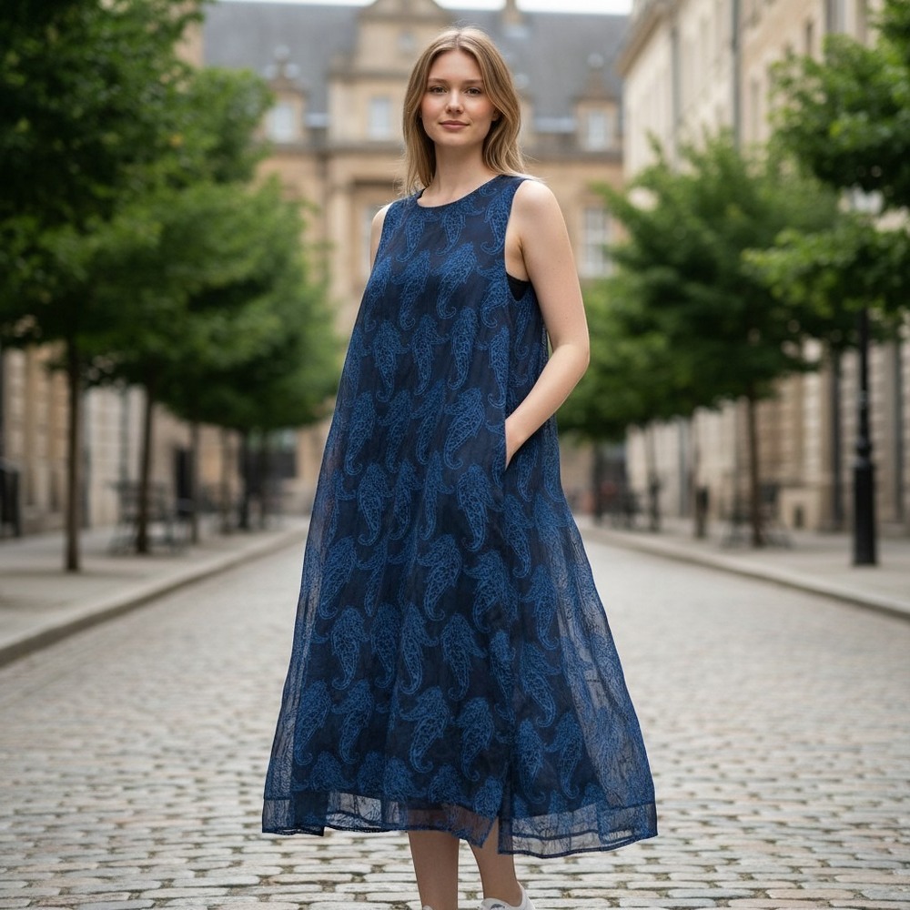 New Gear Plus Paisley Midi Dress Womens 1X Blue Sleeveless Sharkbite Hem 1397